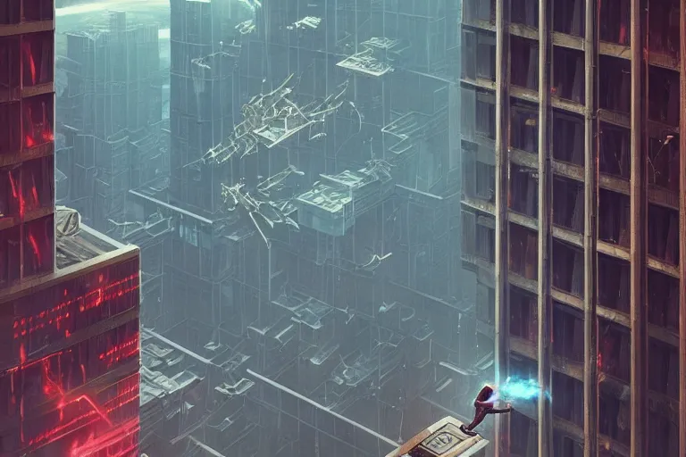 Image similar to man falling from the top of the building, sci fi, art by mike winkelmann, trending on cgsociety, retrofuturism, darksynth, sci - fi, red, black, poster