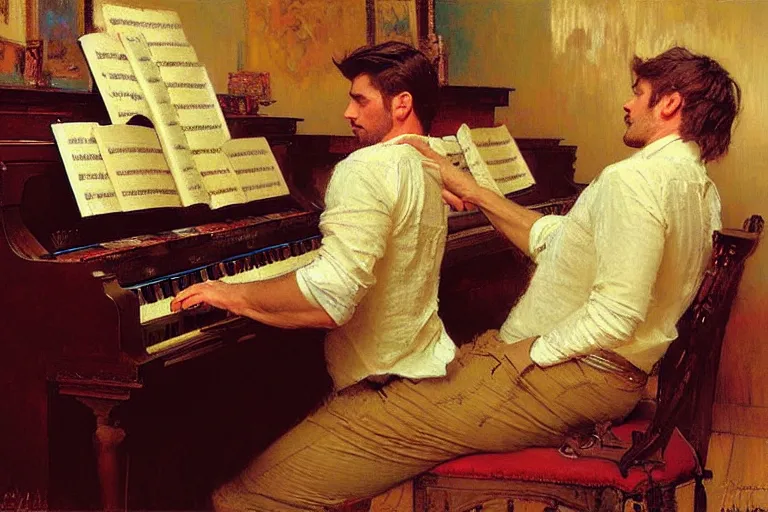 Prompt: attractive man, playing piano, painting by gaston bussiere, craig mullins, greg rutkowski, alphonse mucha