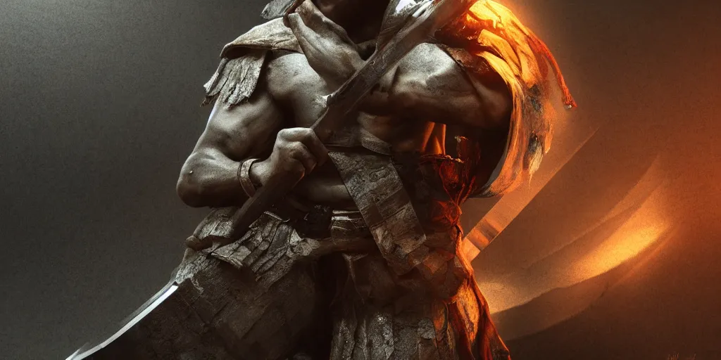 Prompt: the forgotten warrior and his sword, high quality render, artstation, lighting, octane render, 4k, dark gray background