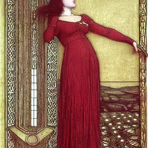 Prompt: Symmetric Pre-Raphaelite painting of a beautiful mystic woman with dark hair in a very detailed silk dark red dress by John William Waterhouse,, surrounded by a dark gothic frame of highly detailed mathematical drawings of neural networks and geometry by Doré , highly detailed mathematical drawings of geometry