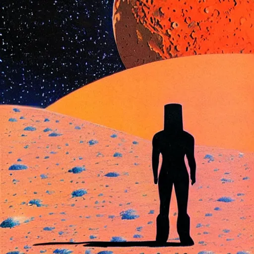 Prompt: 1970s sci-fi comic book art of a silhouette cloaked man standing in the middle of an empty desert, in front of the moon and nebula galaxy stars, beautiful hues of orange, purple and blue, illustrated by Roger Dean