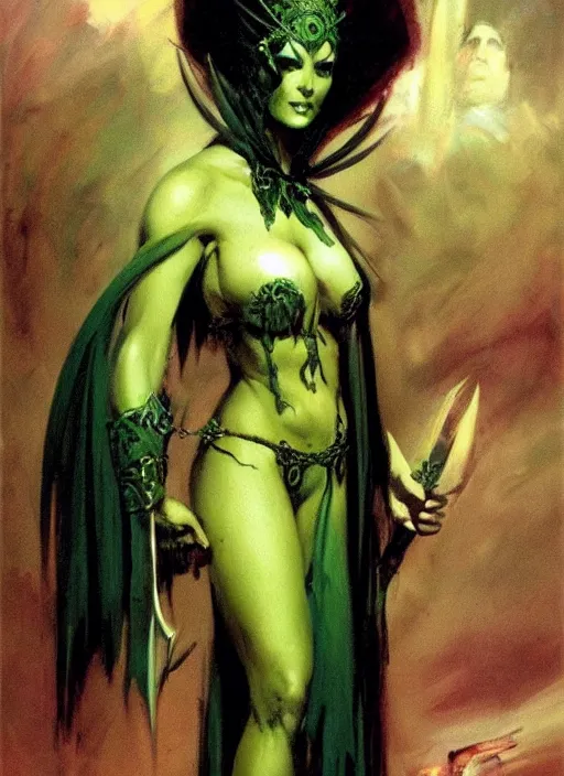 Prompt: ample female necromancer sorceress, green tiara, strong line, deep color, beautiful! coherent! by frank frazetta, by brom, low angle