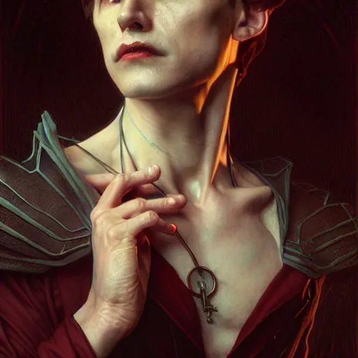 Prompt: portrait painting of actor joseph quinn as a vampire, ultra realistic, concept art, intricate details, eerie, highly detailed, photorealistic, octane render, 8 k, unreal engine. art by artgerm and greg rutkowski and charlie bowater and magali villeneuve and alphonse mucha