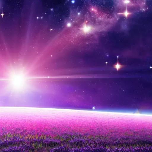 Prompt: anime style hd wallpaper of outer space horizon, glittering stars scattered about, lavender and pink colors
