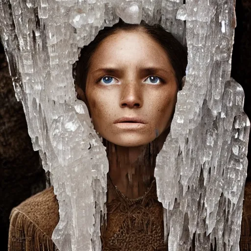 Prompt: full shot of a regal brown woman wearing an intricate armor made of many layers of ice. no makeup!! stalactite hair. water dripping. freckles!! haunting eyes. elaborate. ice caves. glaciers. refracted light. delicate. translucent. by ray cesar. by louise dahl - wolfe. by andrea kowch. surreal photography.