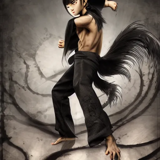 Image similar to demon martial artist, handsome japanese demon boy, young adult yokai with long spiky black hair, vampire, vantablack gi, simple clothes, red eyes, ultra realistic, intricate details, highly detailed, subsurface scattering, photorealistic, octane render, 8 k, art by artgerm, greg rutkowski, magali villeneuve, alphonse mucha