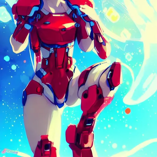 Image similar to digital anime art, cute girl, red mech arms and red mech legs, blue watery eyes!!!, gold short hair!!!, red bikini, full body!!!, wlop, rossdraws