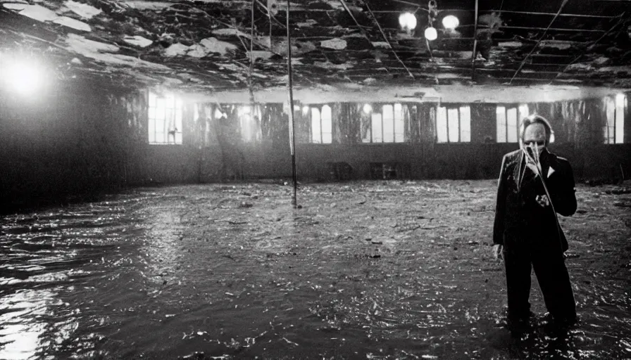 Image similar to 7 0 s movie still of an old violonist standing in a soviet ballroom flooded in mud, cinestill 8 0 0 t 3 5 mm eastmancolor, heavy grain, high quality, high detail