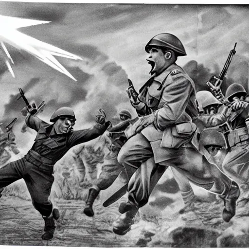 Image similar to pikachu fighting stalin in ww 2 uniform and a mustache, fighting in world war 2, photorealistic, high detail, realistic, sharp focus, smooth edges, soldiers in the background! black & white!, dramatic, sky on fire with dogfights in the sky. wide angle