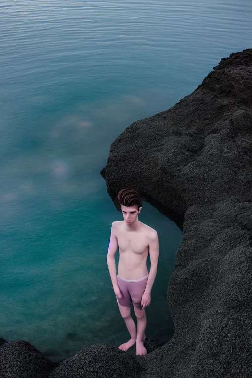 Image similar to high quality pastel coloured film mid angle docu photograph of a beautiful young 2 0 year old male, soft features, short black hair, clothed, in icelandic black rock pool environment. atmospheric. three point light. photographic. art directed. ( pastel colours ). volumetric light. clearcoat. waves glitch. 8 k. filmic.