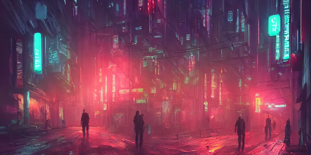 Image similar to digital art, trending on artstation, dystopian cyberpunk night street with neon