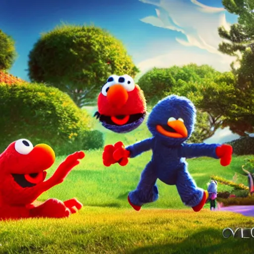 Image similar to stunning, coherent, impressive, detailed still of black family kicking elmo in a fantasy dream world park, follow shot, 3d, in the style of pixar, comic book style, 3d, highly detailed, sharp focus, bokeh, depth of field, 16k resolution, Unreal Engine 5, coherent, cinematic lighting, photorealistic, by Zhang Jingna