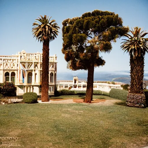 Image similar to Hearst Castle as a tiny home, able to be transported on a trailer. Photographed with Leica Summilux-M 24 mm lens, ISO 100, f/8, Portra 400