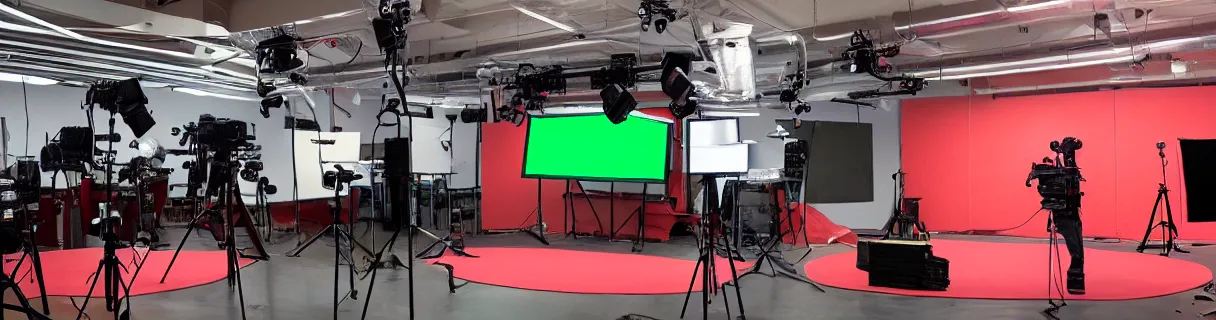 Prompt: photo of a movie set with a single big green screen with red tracking markers dots, studio, movie set, realistic, studio lighting