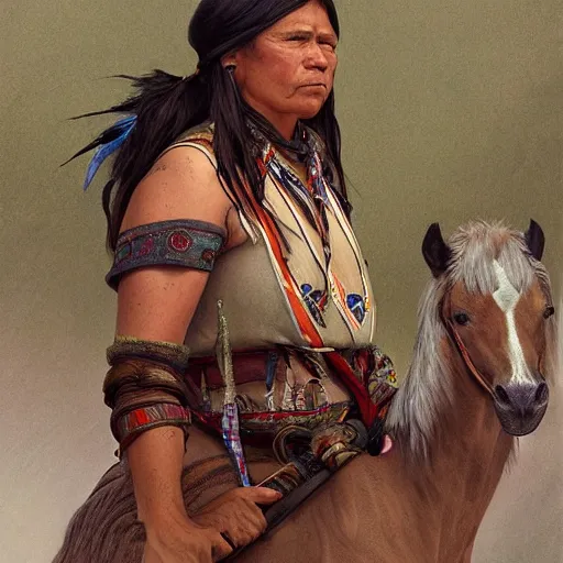 Image similar to native American on a horse during hunt, highly detailed, digital painting, cgsociety , concept art, sharp focus, illustration, art by artgerm and greg rutkowski and alphonse mucha