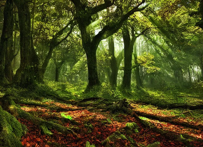 Prompt: Old oak forest trail, lush vegetation, gentle rays of sun, fallen leaves atmospheric, hyper detailed, digital art