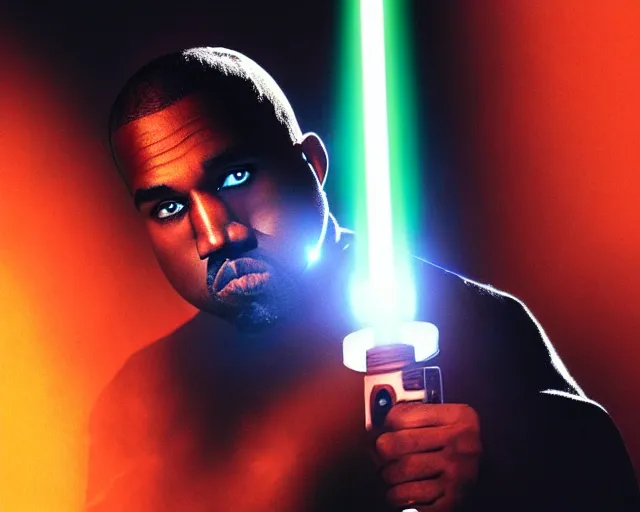 Prompt: a high definition photograph of Kanye West seriously holding a lightsaber, in moody lighting, high contrast, dark shadows