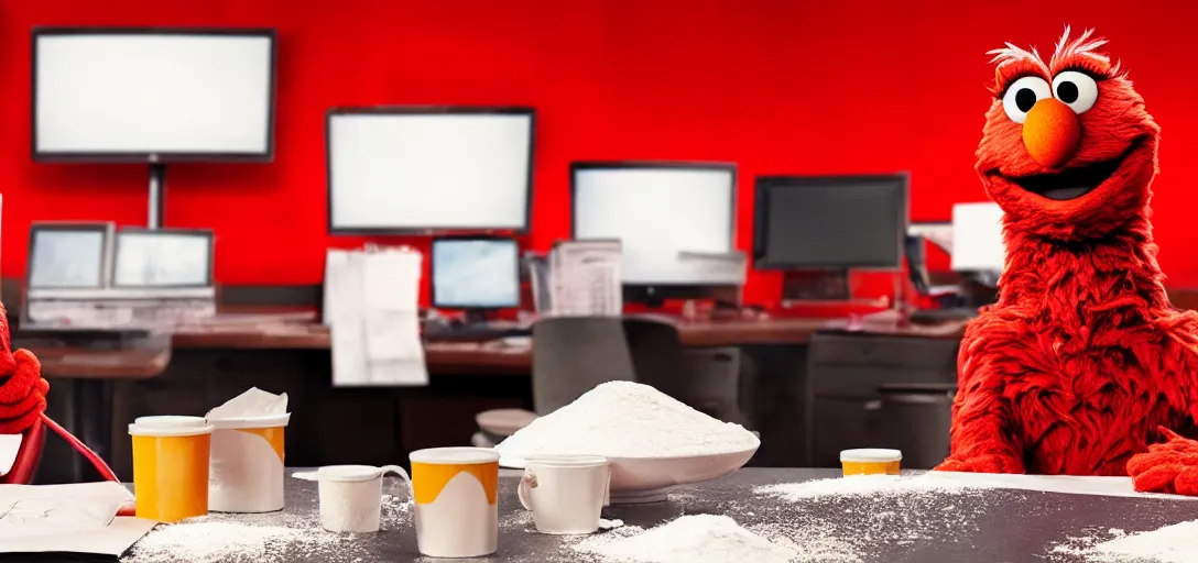 Prompt: elmo sitting at a desk, in front of a pile of powdered sugar, wolf of wall street, cinematic, imax camera