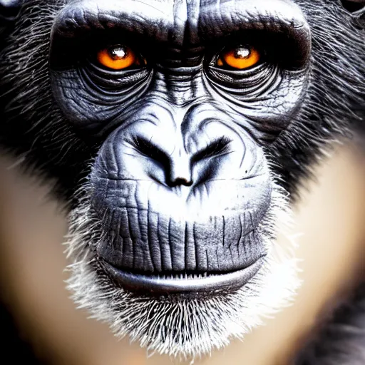 Prompt: a hyper realistic photo close up of a chimpanzee warrior staring fiercely into the camera. it is wearing very detailed and engraved samurai armor. award - winning 4 k photograph, strong contrast