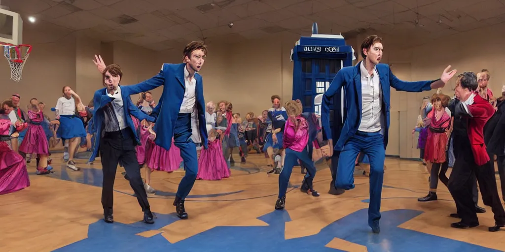 Image similar to promotional image of David Tennant as Doctor Who at a polka dancing contest at the YMCA basketball gym, everyone in the background all the enemies are clapping, in the background the Tardis door is wide open, movie still, promotional image, imax 70 mm footage, HDR, cinematic