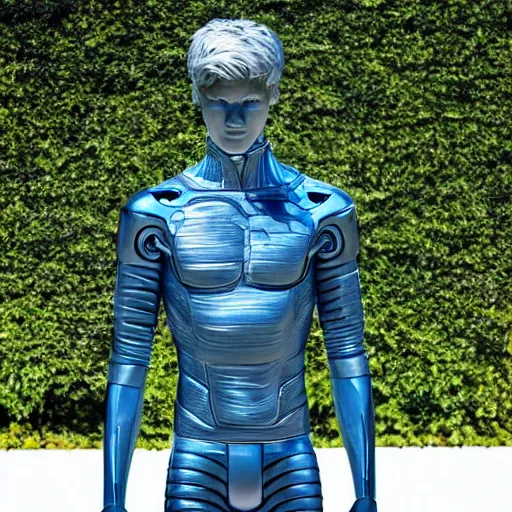 Image similar to a realistic detailed photo of a guy who is an attractive humanoid who is half robot and half humanoid, who is a male android, soccer player martin ødegaard, shiny skin, posing like a statue, blank stare, by the pool, on display, showing off his muscles, humanoid robot, frozen ice statue