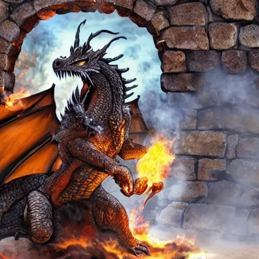 Image similar to a dragon blasting fire with his breath against a wooden gate of a castle wall, with crossbow men on top of the wall