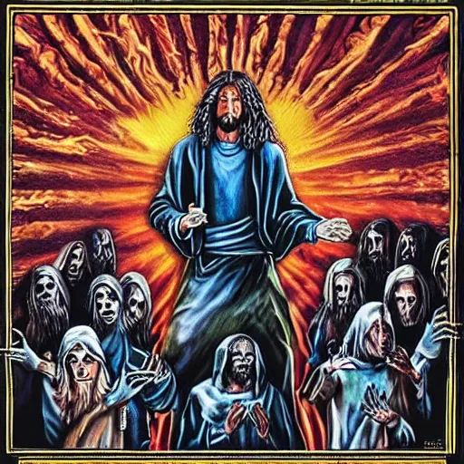 Prompt: the lord's supper, jesus accompanied by undeads in iron maiden album cover style