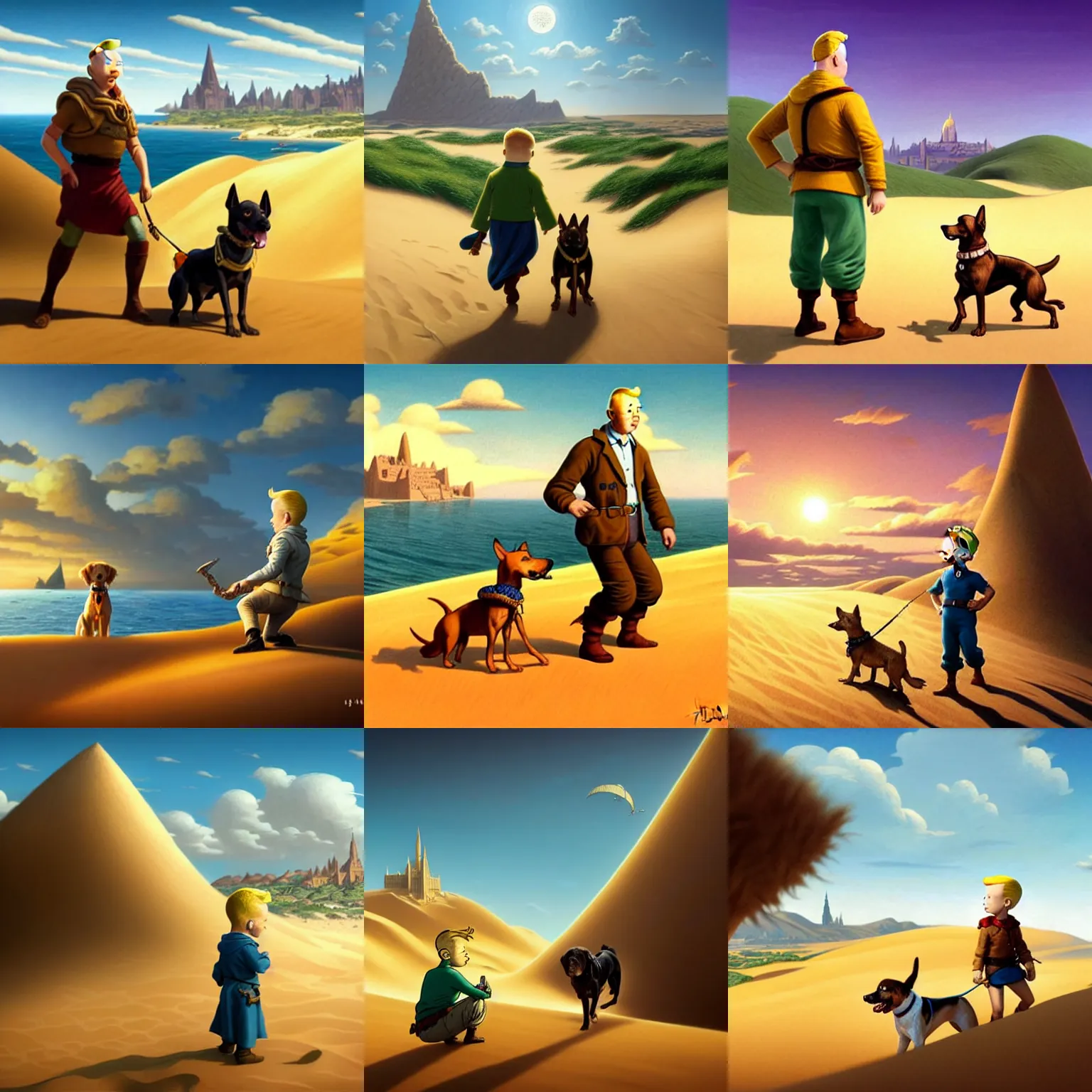 Prompt: tintin with his dog on a sand dune, realistic, female, city in background, d & d, fantasy, intricate, elegant, highly detailed, digital painting, artstation, octane render, concept art, matte, sharp focus, illustration, hearthstone, shallow depth of field, dramatic lighting, art by artgerm and greg rutkowski and alphonse mucha