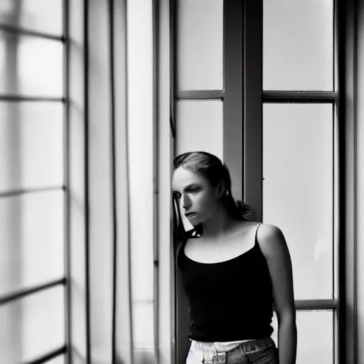 Image similar to black and white fashion photograph portrait of a depressed beautiful 35 years old model woman standing by the window, natural light, lomo, fashion photography, film grain, soft vignette, sigma 85mm f/1.4 1/10 sec shutter
