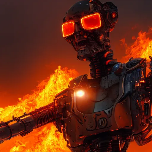 Image similar to futuristic hellscape, burning fire, robots, 8k, fine detail, hyper realistic, photo