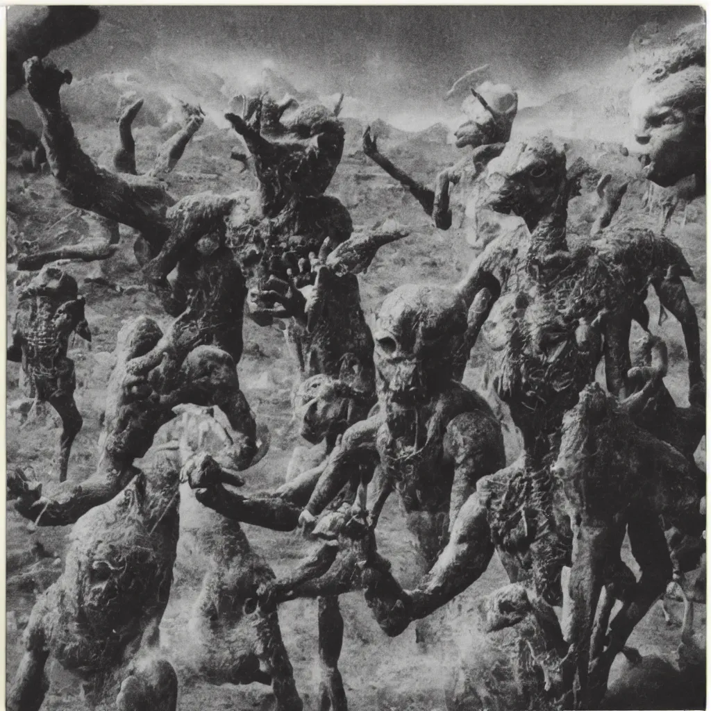 Image similar to Polaroid picture of an encounter of the third kind between the Sumerians and an intergalactic species of unknown origin, 10000 B.C.