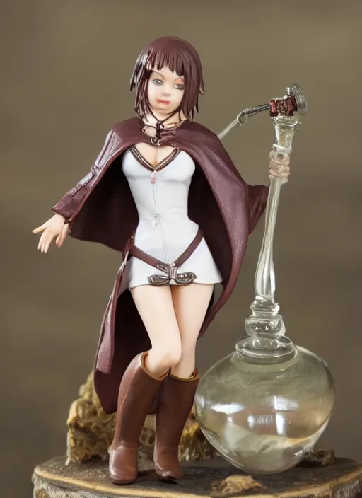 Image similar to 80mm resin detailed miniature of a female alchemist with short brown hair wearing a short dress, white stockings, leather boots and cape, Product Introduction Photos, 4K, Full body