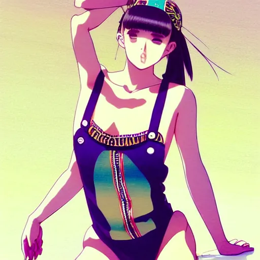 Image similar to a beautiful plus sized model japanese natalie portman, alluring plus sized model, wearing mayan leotard with overalls, street fashion hip hop style with mayan patterns, aztec street fashion, gapmoe yandere grimdark, trending on pixiv fanbox, painted by greg rutkowski makoto shinkai takashi takeuchi studio ghibli, akihiko yoshida