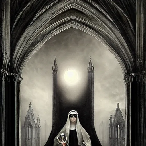 Prompt: By Tom Bagshaw, ultra realist soft painting of a gothic crypt by night, Kawai female nun and dressed, horror, omnious sky, symmetry accurate features, very intricate details, black and white, volumetric light clouds