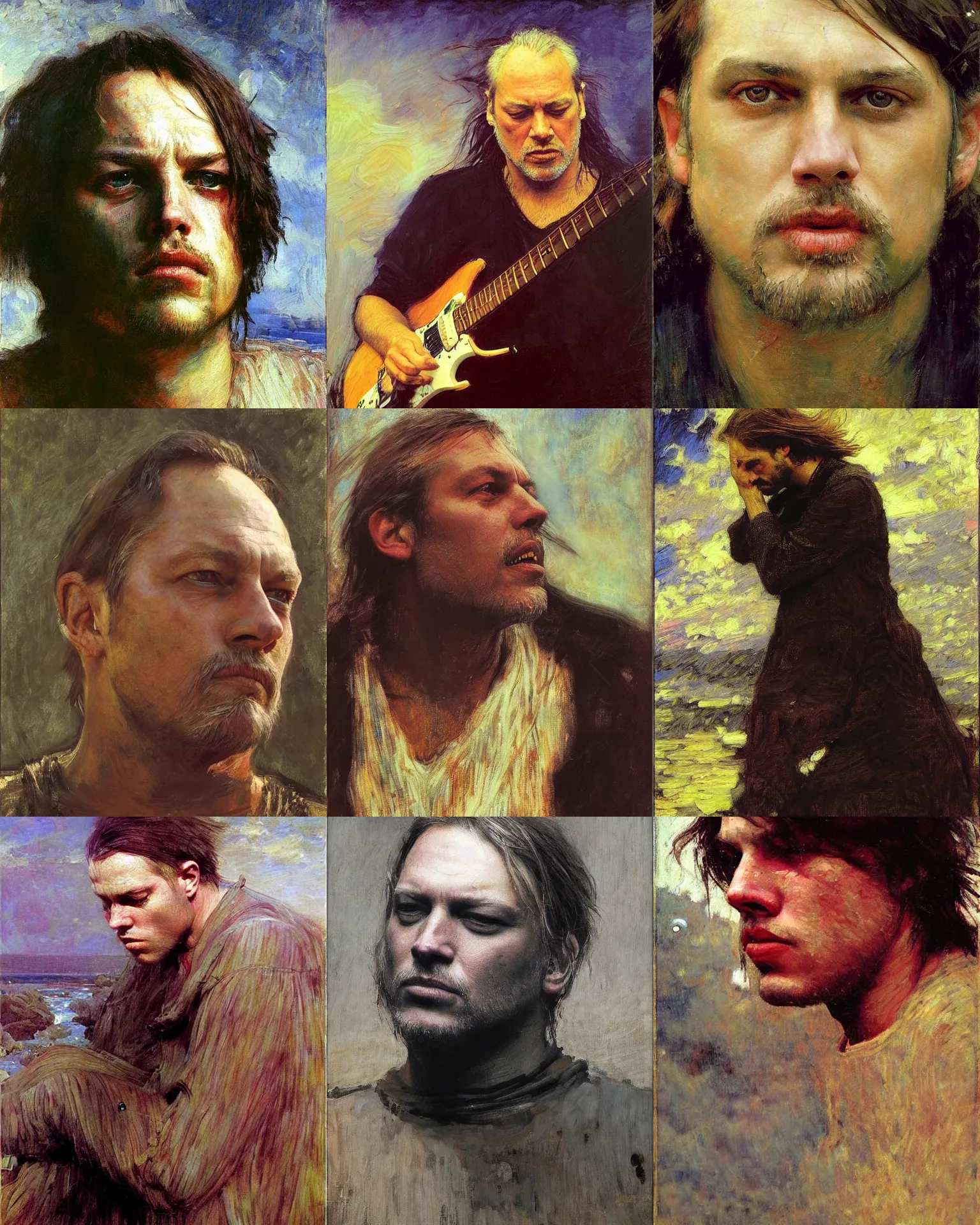 Prompt: david gilmour age 3 2 dramatic expression, plein air portrait painting by ilya repin, john william waterhouse, donato giancola, fashion photography, psychedelic