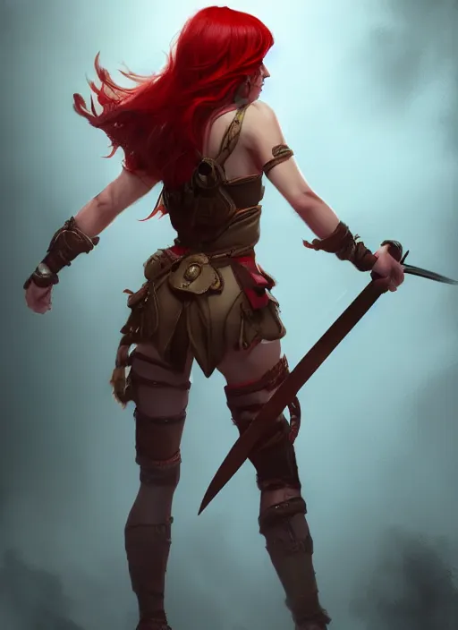 Prompt: warrior princess with back to the camera, medium length red hair, full body, concept art, rim lighting, stanley lau, sharp focus, trending on artstation