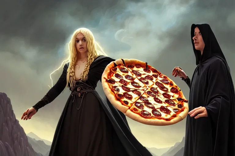 Prompt: mage conjuring a pizza, blonde braided hair mage wearing gothic robe, dark mountain, movie action still frame, wide horizon, intricate, elegant, highly detailed, hyper realistic, digital painting, concept art, smooth, sharp, focus, illustration, art by artgerm, greg rutkowski, ilya kuvshinov, alphonse mucha
