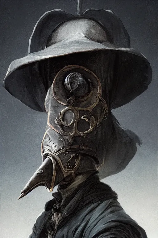 Image similar to A fancy portrait of a 1300's Plague Doctor by Greg Rutkowski, Sung Choi, Mitchell Mohrhauser, Maciej Kuciara, Johnson Ting, Maxim Verehin, Peter Konig, Bloodborne, 8k photorealistic, cinematic lighting, HD, high details, dramatic, dark atmosphere, trending on artstation