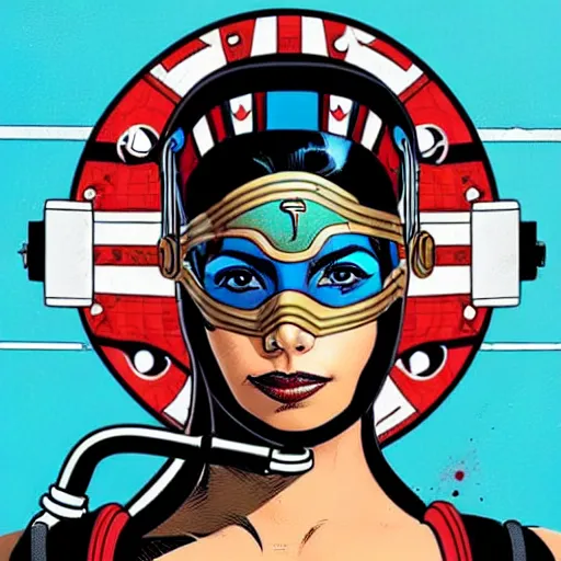 Image similar to a profile photo of a egyptian woman with a diving oxygen mask with side profile blood in ocean intricate details by MARVEL comics and Sandra Chevrier-C