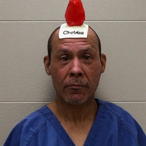 Image similar to mugshot of an inmate that has a chicken head