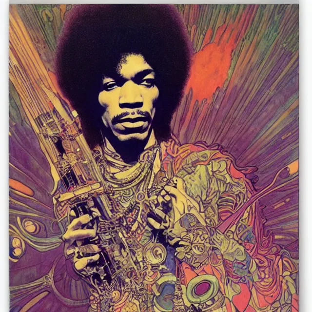 Prompt: polaroid of a vintage record cover by Franklin Booth showing a portrait of Jimi Hendrix as a futuristic space shaman, Alphonse Mucha background, psyadelic art, star map, smoke, sciFi
