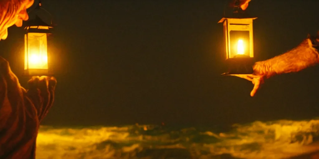 Image similar to film still of closeup old man holding up lantern by his beach hut at night. pirate ship in the ocean by emmanuel lubezki