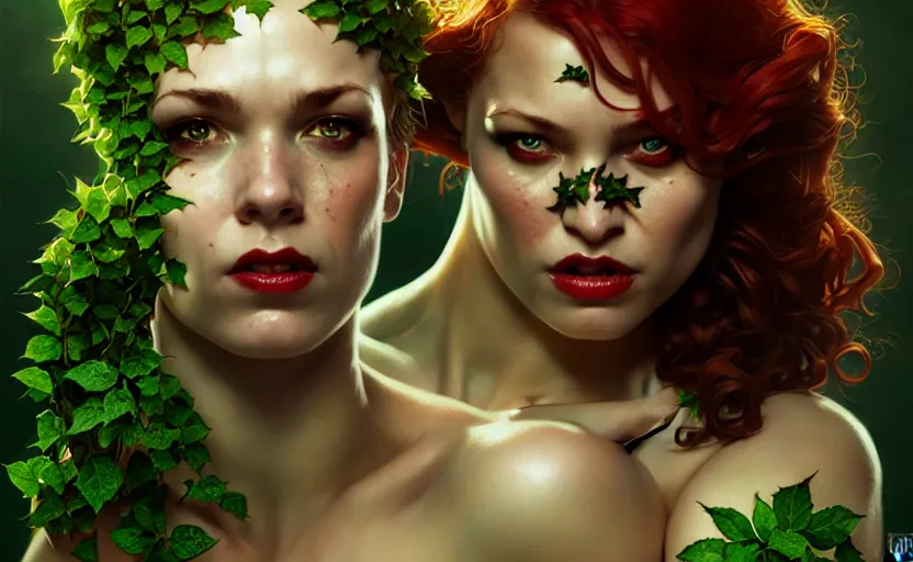 Image similar to poison ivy and Bane battle pose, illustration, realistic eyes, artstation, cinematic lighting, hyperdetailed, detailed realistic symmetrical eyes, cgsociety, 8k, high resolution, Charlie Bowater, Tom Bagshaw, Norman Rockwell, insanely detailed and intricate, prison background