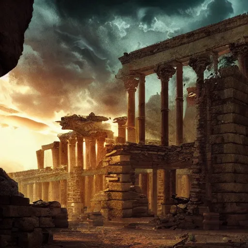 Image similar to A concept matte Painting of ancient aliens ruins, detailed, photorealistic, cinematic lighting, moody atmosphere,