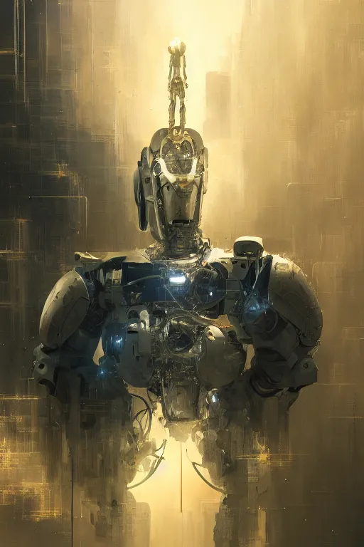 Prompt: sentient robot, close - up portrait, intricate, elegant, volumetric lighting, scenery, digital painting, highly detailed, artstation, sharp focus, illustration, concept art, luis rollo, ruan jia, steve mccurry, john berkey