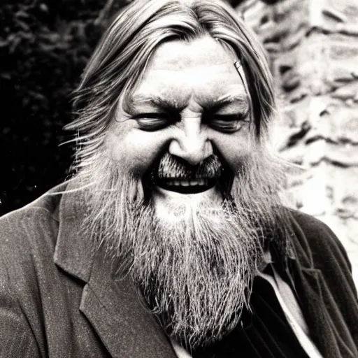 Image similar to laughing robert wyatt pointing a gun at the camera