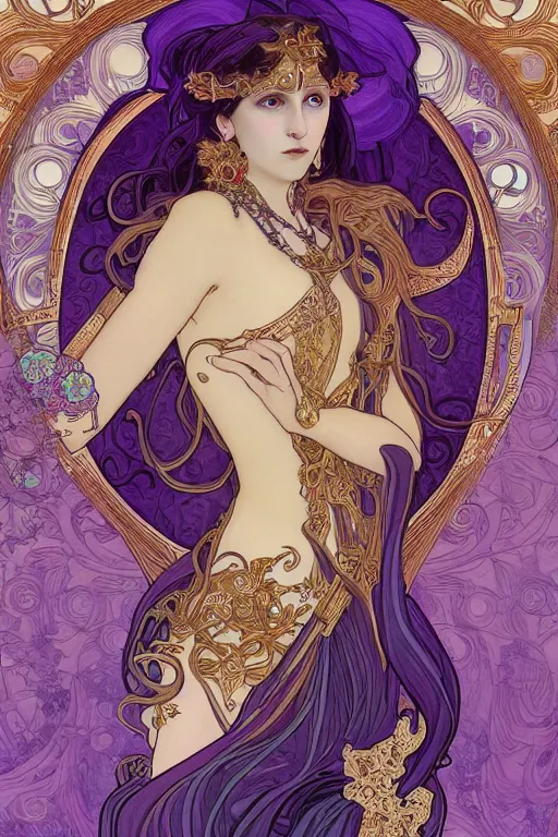 Image similar to thanatos, beautiful male god of death, closed eyes, long hair, wearing ornate silk and lace clothes, gold jewelry, moon, purple feathers, by Alphonse Mucha, by artgerm, rule of thirds, super detailed, 8k