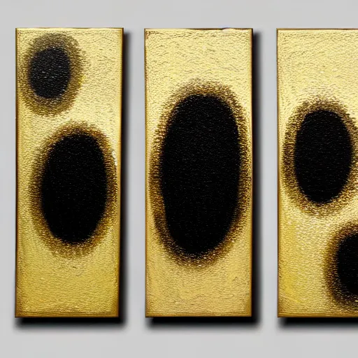 Image similar to a pour painting triptych, gold black silver colors, abstract, thick paint, glossy, resin coated