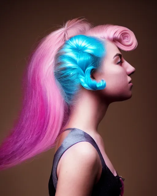 Image similar to a dramatic lighting photo of a beautiful young woman with cotton candy hair. with a little bit of cyan and pink