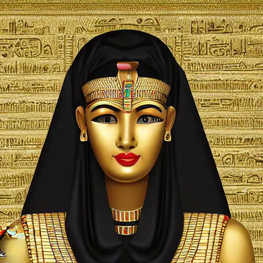 Prompt: photograph of an egyptian woman, gold face chains, chains, egyptian clothing, gold patterns, black clothing, elegant, fancy, rich, character design, costume, egyptian, arabian, dune, desert